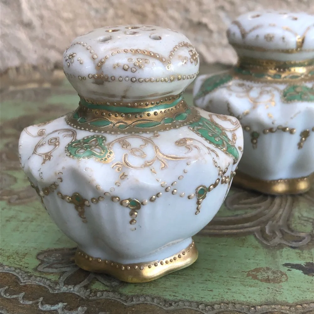 Antique Porcelain Salt Pepper Shakers Fancy Gold Trim
